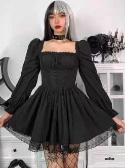 Black Gothic Lolita Dress Long Sleeves Short Lolita Dress One Piece