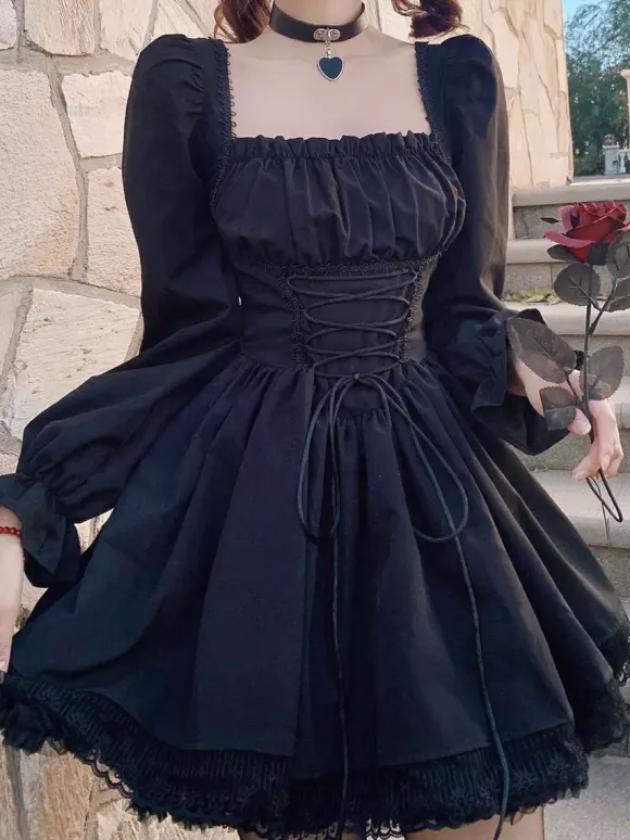 Black Gothic Lolita Dress Long Sleeves Short Lolita Dress One Piece