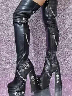Black Gothic Thigh High Boots Women Platform Metal Detail High Heel Over The Knee Boots