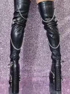 Black Gothic Thigh High Boots Women Platform Metal Detail High Heel Over The Knee Boots