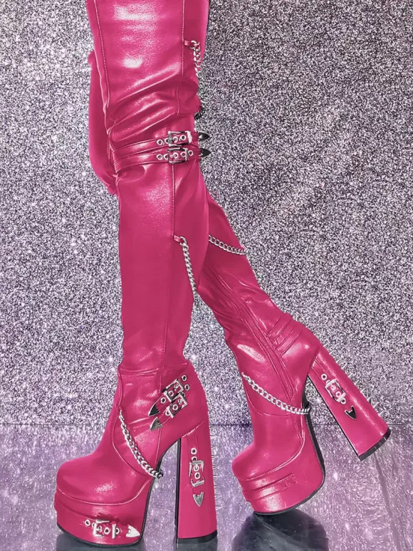 Black Gothic Thigh High Boots Women Platform Metal Detail High Heel Over The Knee Boots