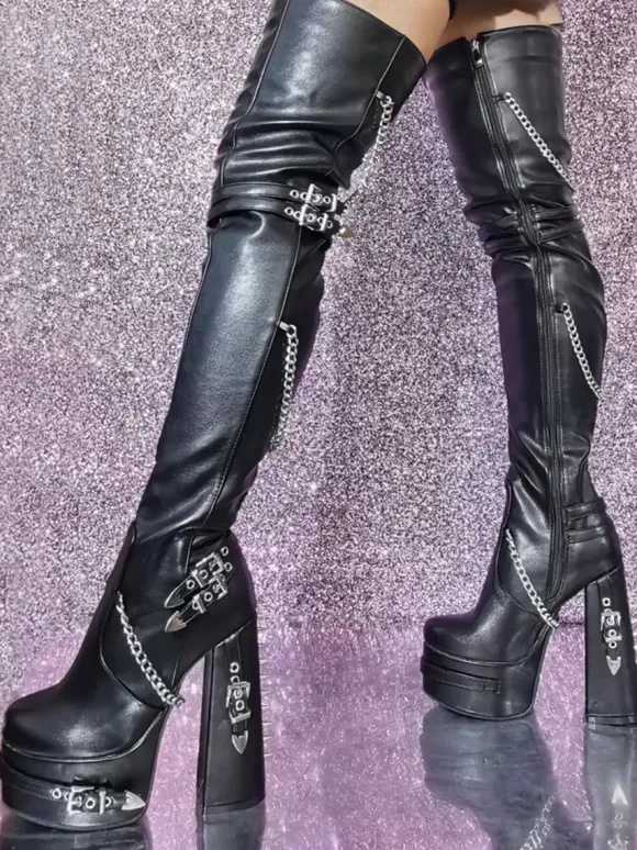 Black Gothic Thigh High Boots Women Platform Metal Detail High Heel Over The Knee Boots