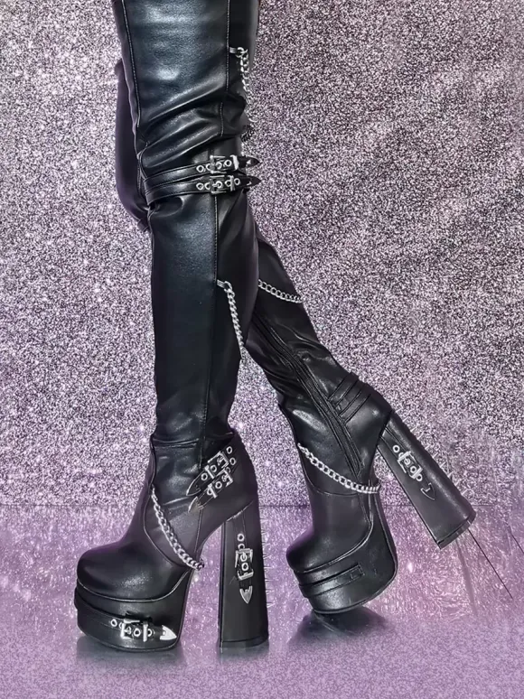 Black Gothic Thigh High Boots Women Platform Metal Detail High Heel Over The Knee Boots