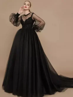 Black Gothic Wedding Dresses 2026 A-Line Long Sleeves Lace With Train Bridal Dress Free Customization