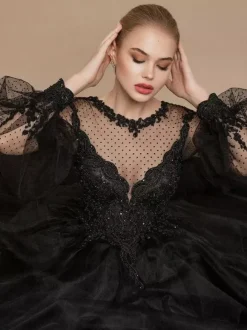 Black Gothic Wedding Dresses 2026 A-Line Long Sleeves Lace With Train Bridal Dress Free Customization