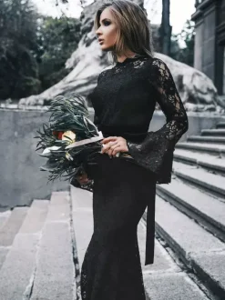 Black Gothic Wedding Dresses 2026 Mermaid Long Sleeves Sash Lace With Train Bridal Gown Free Customization