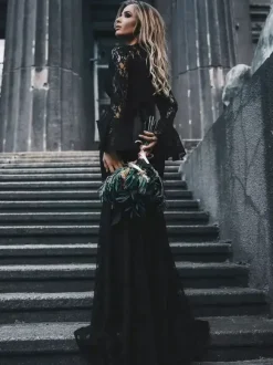 Black Gothic Wedding Dresses 2026 Mermaid Long Sleeves Sash Lace With Train Bridal Gown Free Customization
