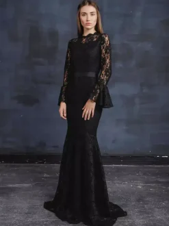 Black Gothic Wedding Dresses 2026 Mermaid Long Sleeves Sash Lace With Train Bridal Gown Free Customization