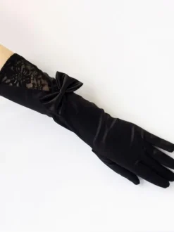 Black Gothic Wedding Gloves Gloves Matte Satin Lace Bows Bridal Gloves