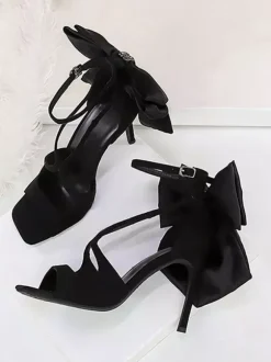 Black High Heel Sandals Open Toe Bow Stiletto Heel Sandal Shoes