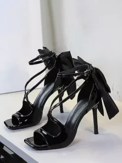 Black High Heel Sandals Open Toe Bow Stiletto Heel Sandal Shoes