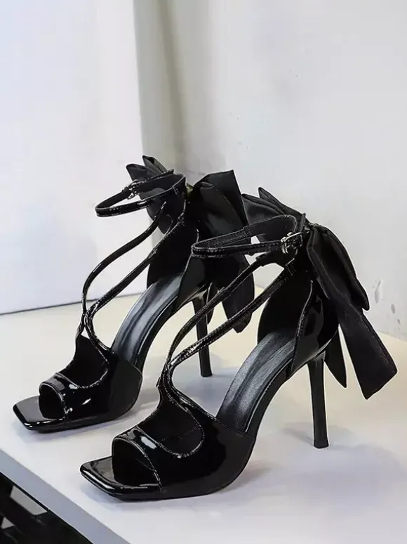 Black High Heel Sandals Open Toe Bow Stiletto Heel Sandal Shoes
