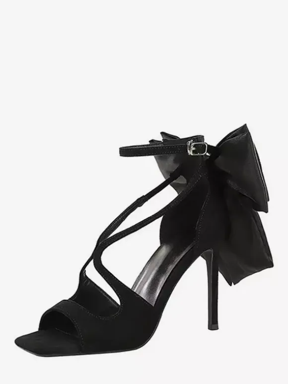 Black High Heel Sandals Open Toe Bow Stiletto Heel Sandal Shoes