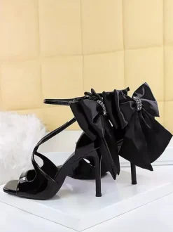 Black High Heel Sandals Open Toe Bow Stiletto Heel Sandal Shoes