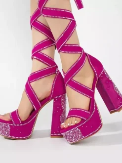 Black High Heel Sandals Platform Open Toe Rhinestones Lace Up Party Shoes