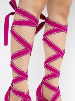Black High Heel Sandals Platform Open Toe Rhinestones Lace Up Party Shoes