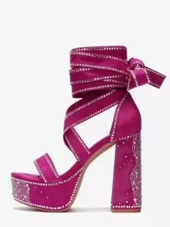 Black High Heel Sandals Platform Open Toe Rhinestones Lace Up Party Shoes
