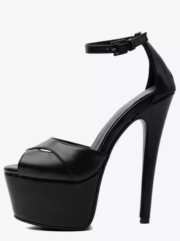 Black High Heel Sandals Peep Toe Platform Stiletto Heel Ankle Strap Sandal Shoes