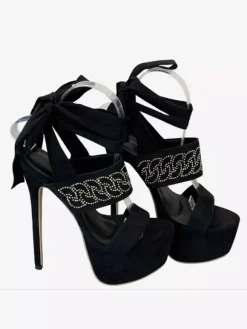 Black High Heel Sandals Platform Beaded Lace Up Sexy Sandal Shoes