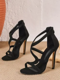 Black High Heel Sandals Women's Pointed Toe Stiletto Heel Strappy Sandals