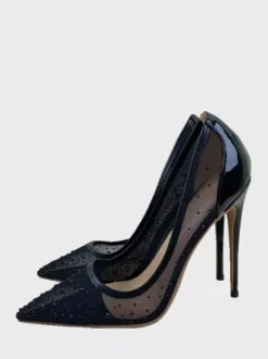 Black High Heels Mesh Patchwork Rhinestones Pointed Toe Stiletto Heel Wedding Shoes