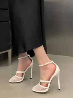 Black High Heels Mesh Round Toe Ankle Strap Pumps