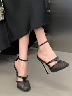 Black High Heels Mesh Round Toe Ankle Strap Pumps