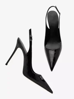 Black High Heels Pointed Toe Stone Pattern Slingback Dress Shoes