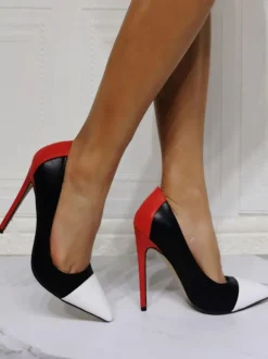 Black High Heels Pointed Toe Patchwork PU Leather Stiletto Heel Pumps