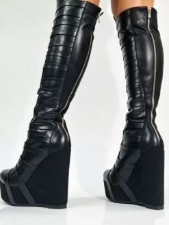 Black Knee High Boots Women's Platform Strappy Zip Up Wedge Heel Boots
