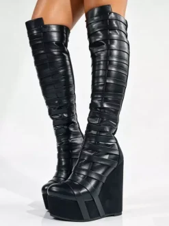 Black Knee High Boots Women's Platform Strappy Zip Up Wedge Heel Boots