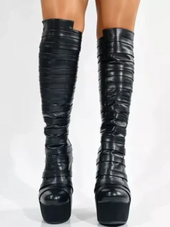 Black Knee High Boots Women's Platform Strappy Zip Up Wedge Heel Boots