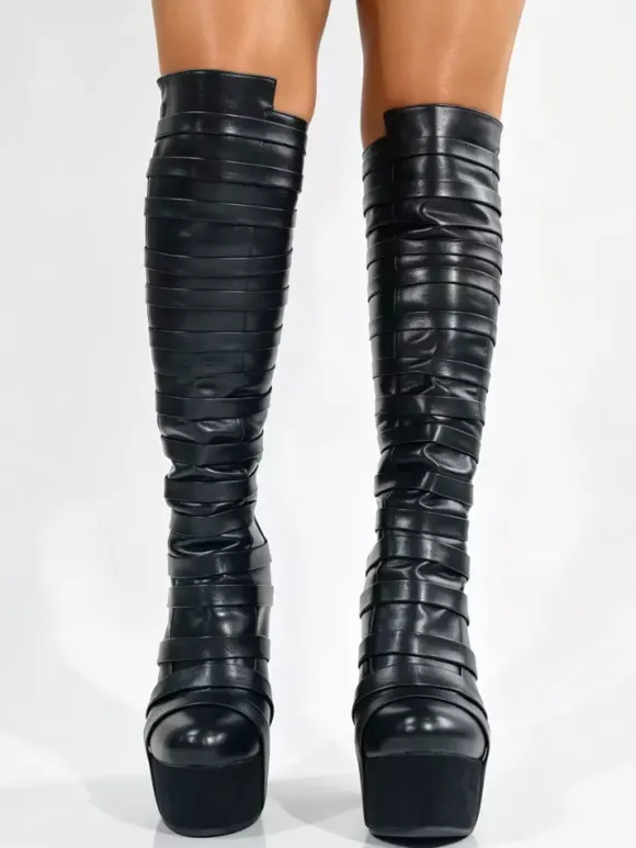 Black Knee High Boots Women's Platform Strappy Zip Up Wedge Heel Boots