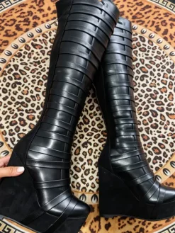 Black Knee High Boots Women's Platform Strappy Zip Up Wedge Heel Boots