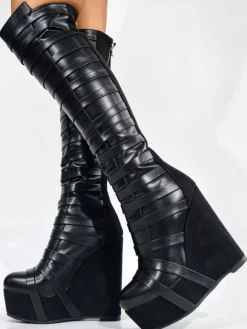 Black Knee High Boots Women's Platform Strappy Zip Up Wedge Heel Boots