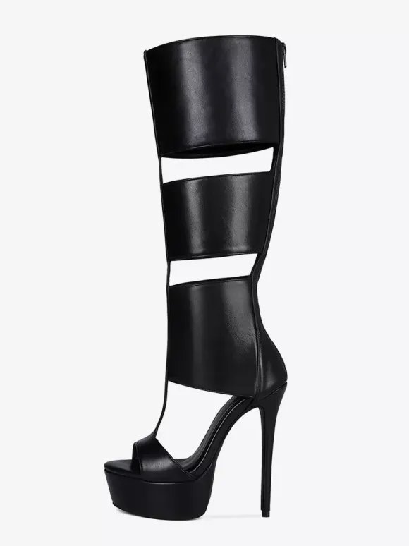Black Knee High Sandal Shoes Platform Open Toe Cut Out Unisex Gladiator Sandals