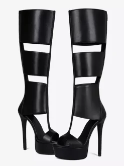Black Knee High Sandal Shoes Platform Open Toe Cut Out Unisex Gladiator Sandals