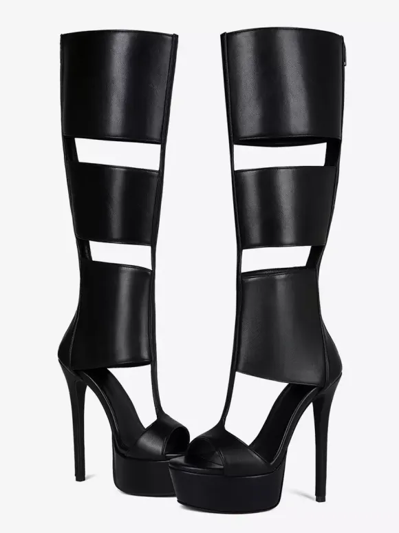 Black Knee High Sandal Shoes Platform Open Toe Cut Out Unisex Gladiator Sandals