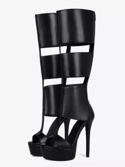 Black Knee High Sandal Shoes Platform Open Toe Cut Out Unisex Gladiator Sandals