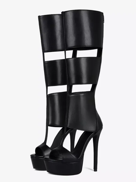 Black Knee High Sandal Shoes Platform Open Toe Cut Out Unisex Gladiator Sandals