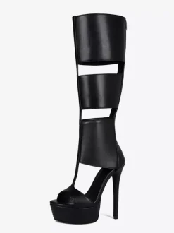 Black Knee High Sandal Shoes Platform Open Toe Cut Out Unisex Gladiator Sandals