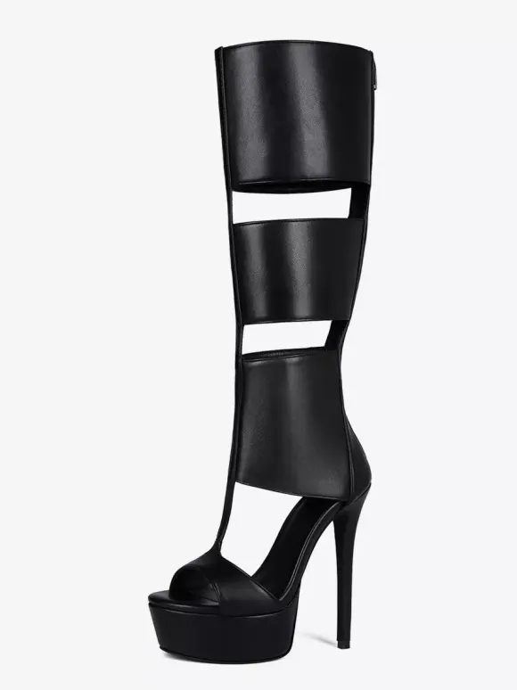 Black Knee High Sandal Shoes Platform Open Toe Cut Out Unisex Gladiator Sandals