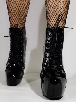 Black Lace Ankle Boots Unisex Platform Round Toe Chunky Heel Studed Sexy Club Booties
