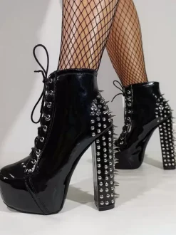 Black Lace Ankle Boots Unisex Platform Round Toe Chunky Heel Studed Sexy Club Booties