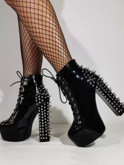 Black Lace Ankle Boots Unisex Platform Round Toe Chunky Heel Studed Sexy Club Booties