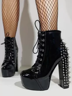 Black Lace Ankle Boots Unisex Platform Round Toe Chunky Heel Studed Sexy Club Booties