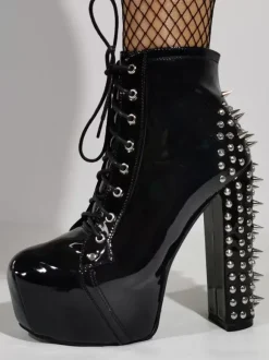 Black Lace Ankle Boots Unisex Platform Round Toe Chunky Heel Studed Sexy Club Booties