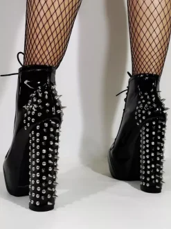 Black Lace Ankle Boots Unisex Platform Round Toe Chunky Heel Studed Sexy Club Booties