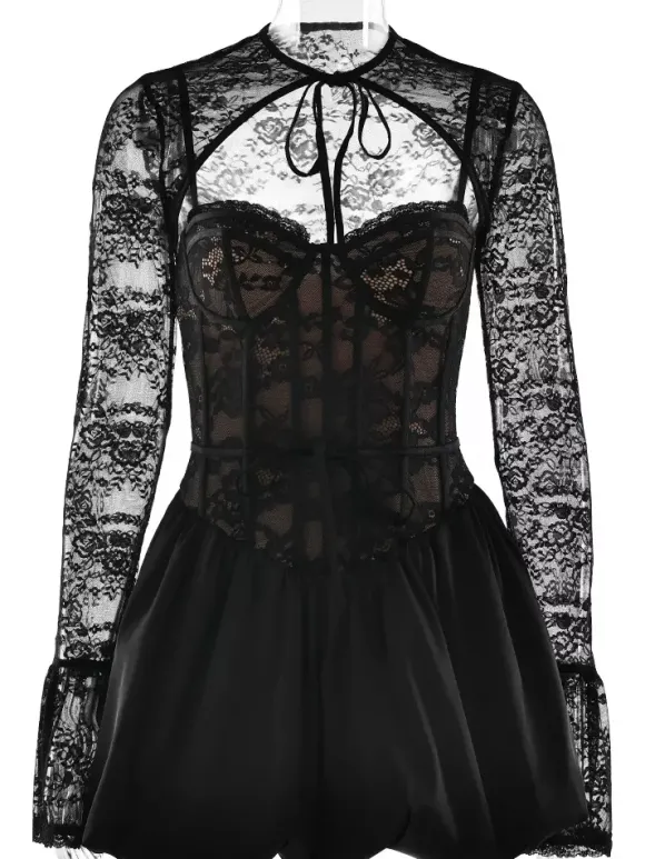 Black Lace Corset Dress With Detachable Bolero Birthday Party Puffball Mini Dress For Women 2026