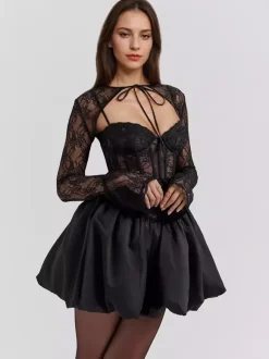 Black Lace Corset Dress With Detachable Bolero Birthday Party Puffball Mini Dress For Women 2026